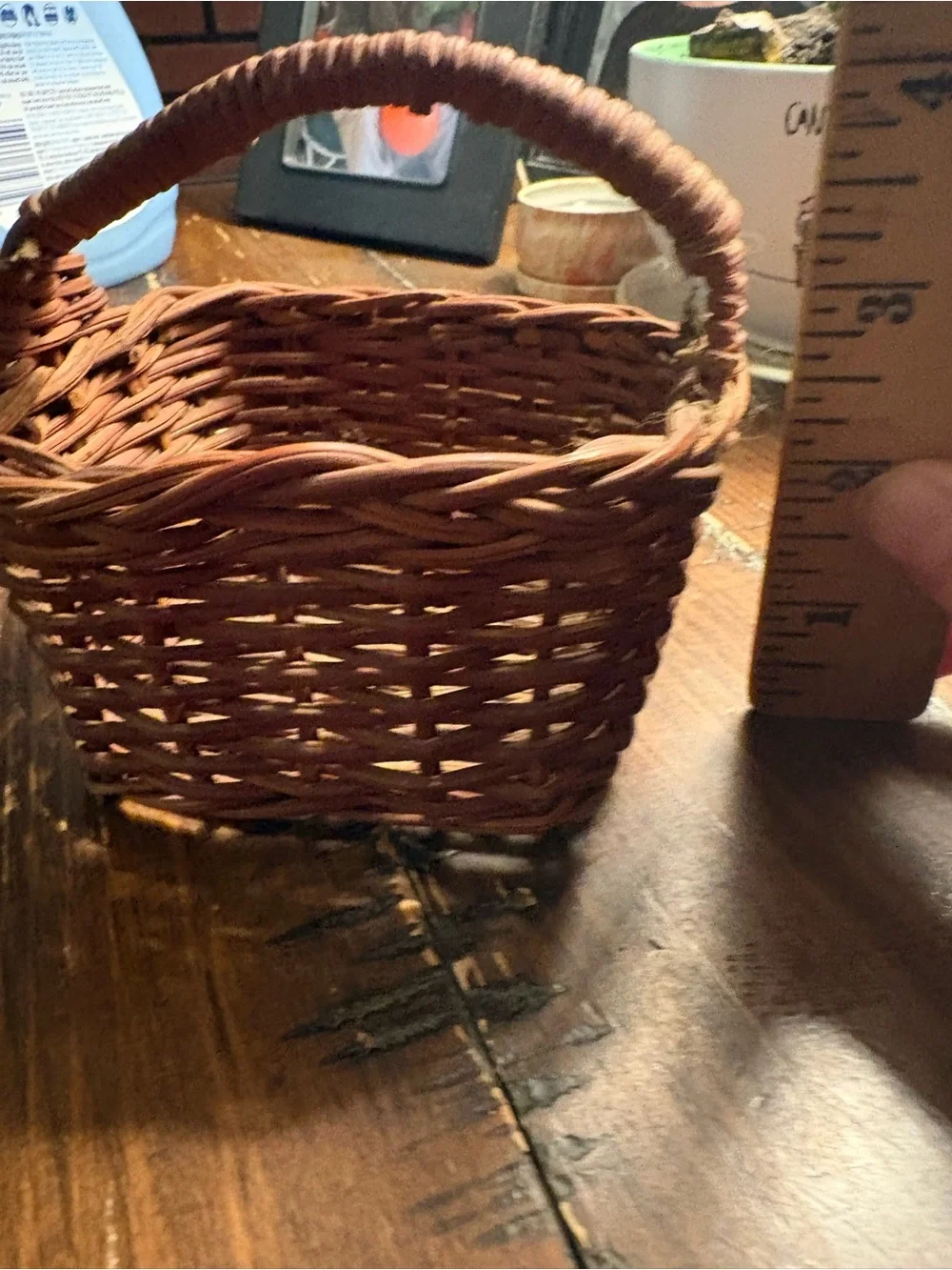 Miniature Brown Woven Wicker Basket with Handle - Rustic Primitive Decor